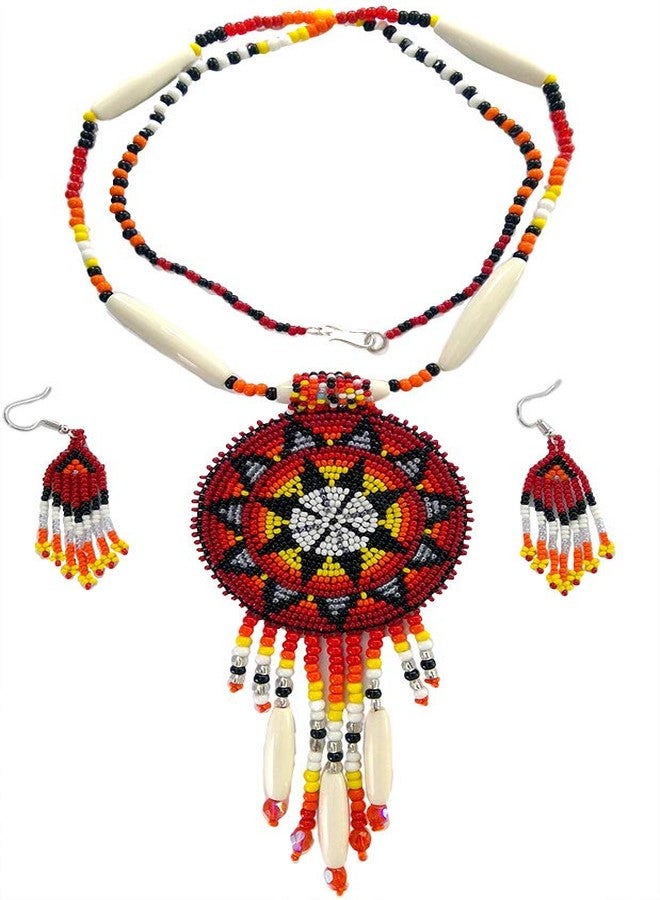 BeadsCorner Native Style Beaded Necklace Earrings Set with Large Rosette Pendant (Red Fire Star) - Image 2
