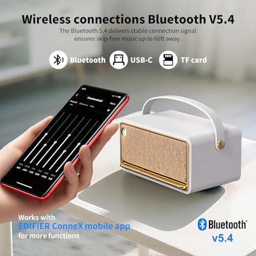 Edifier Retro Wood Bluetooth Speaker, Wireless Portable Speakers with 40W Hi-Res Audio, Stereo Pairing ConneX App, USB and TF Card Ivory - Image 3