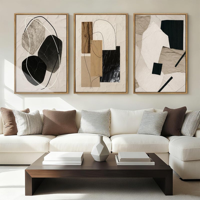 BINCUE Abstract Modern Wall Art Decor Framed Neutral Painting Prints Artwork for Living Room Bedroom 16x24 Inch Set of 3 - Image 1