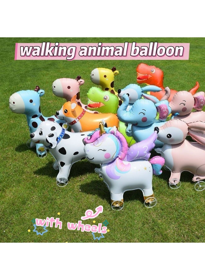 Stand-up Walking 5 Packs Safari Animal Foil Balloons With Wheels Cute Standing Pet Mylar Balloon Animal Theme Decorations for Baby Kids Toddler Birthday Party Festival （Air Pump Included） - Image 1
