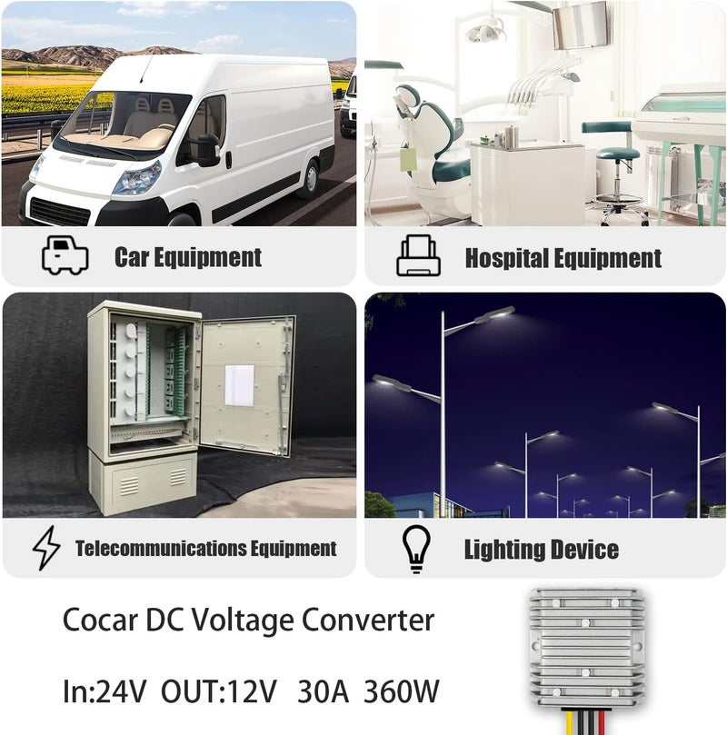 Cocar DC 24V to 12V DC down converter, 5A/60W power supply adapter, voltage changer, reducer regulator for car to car to truck, boat solar system, etc. (accepts DC15-40V inputs) - Image 2