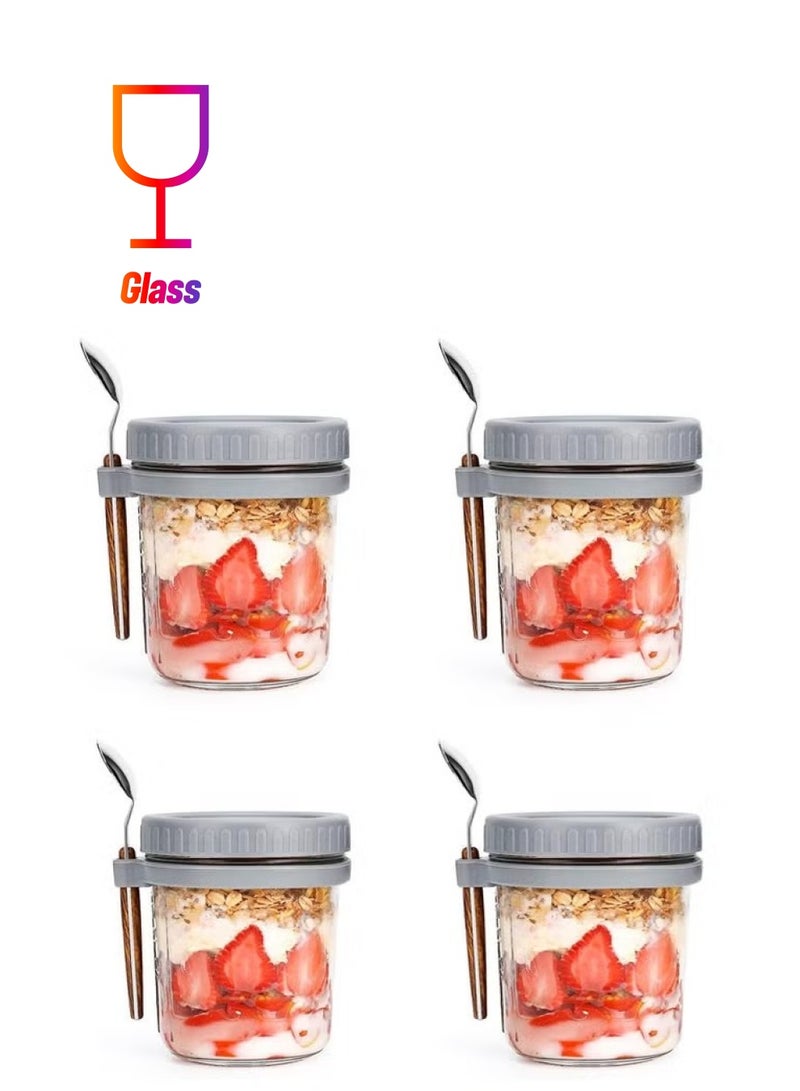 آنا طقم زجاجي مكون من 4 قطع مع وملعقة، محكم الإغلاق، مناسب للإفطار الخفيف، يوفر سهولة النقل لحبوب الشوفان، الحليب، السلطة، وزبادي. - Image 1