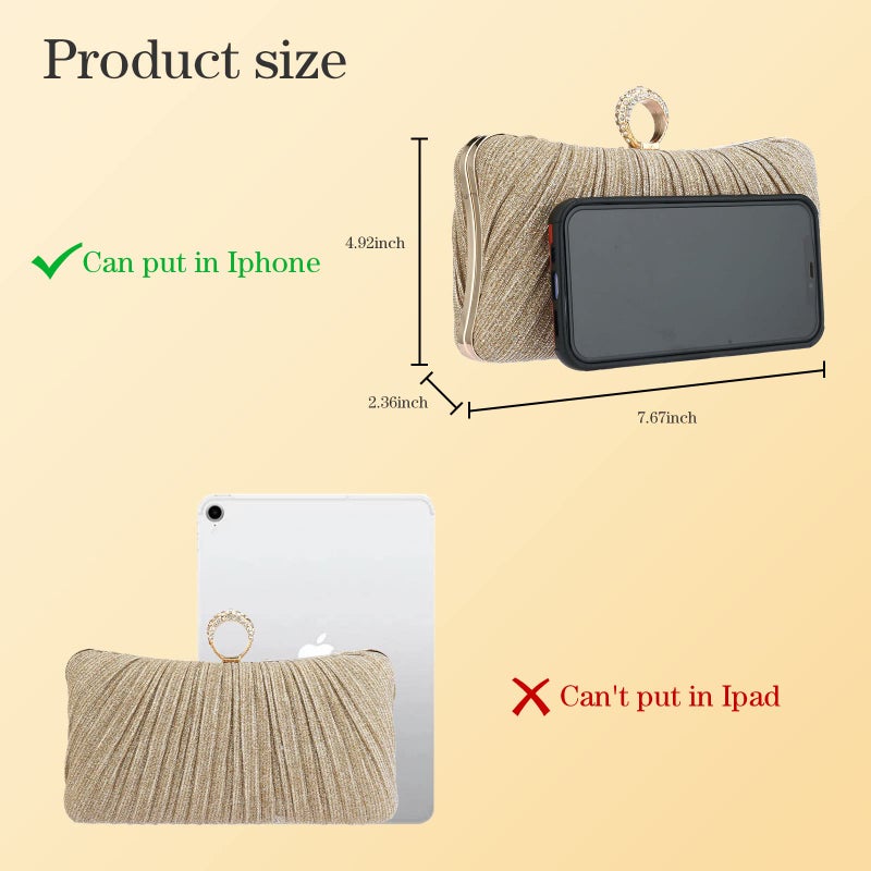 Gets Clutch Purse for Women Pleated Glitter Evening Clutch Purses with Rhinestone Evening Bag for Bridal Wedding Party (Gold) - Image 3