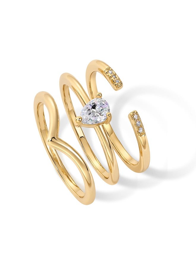 بافوا طقم خواتم نسائية من بافوي مطلية بالذهب الأصفر عيار 18 قيراطًا، ثلاث خواتم قابلة للتكديس | مجموعة خواتم متداخلة بتصميم دمعة مرصعة بالزركونيا المكعبة | طقم خواتم ثلاثية | مقاس 7 - Image 3