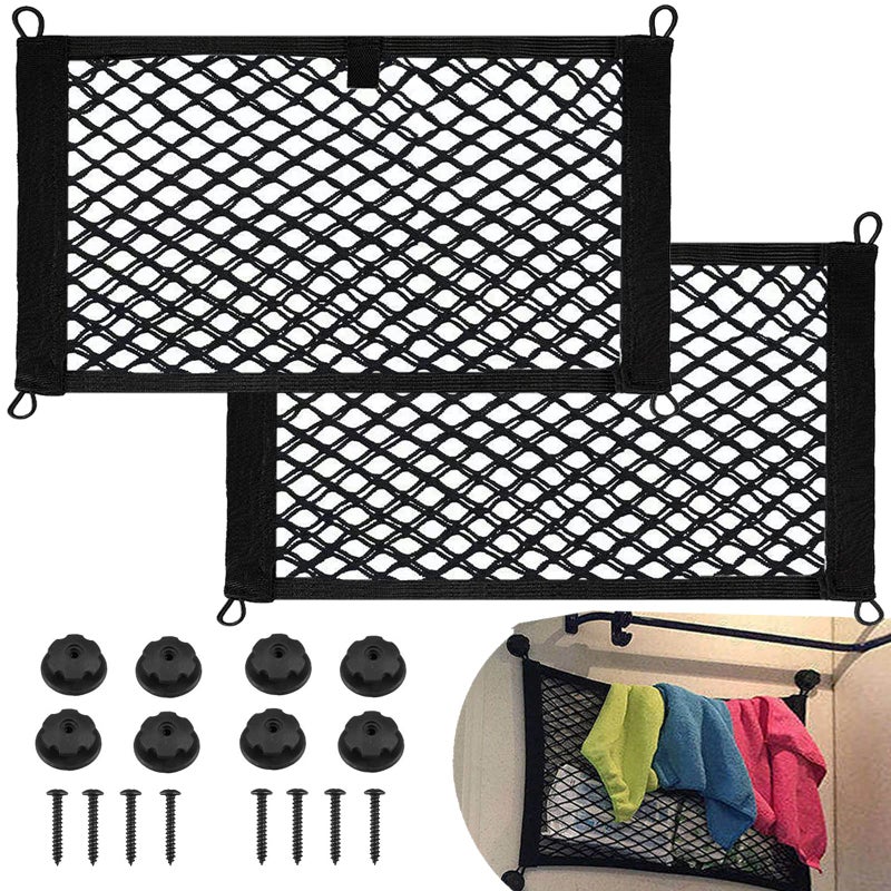 2 Pack Small Cargo Net Pocket Storage Mesh Net Elastic Automotive Cargo Nets Storage Pouch for Car Trunk Net RV Boat Storage Mesh Pocket Net with 8 Mounting Screws and Hooks 18 x 98 Inches