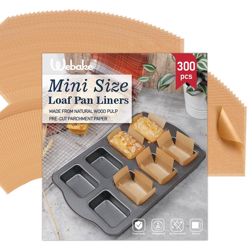 Webake 300pcs Unbleached Parchment Paper Mini Loaf Pan Liners Compatible with Wilton Mini Loaf Pan, Original Precut, Non Toxic Baking Paper for 3.28x2.5, 3x2 Banana Bread - Image 1