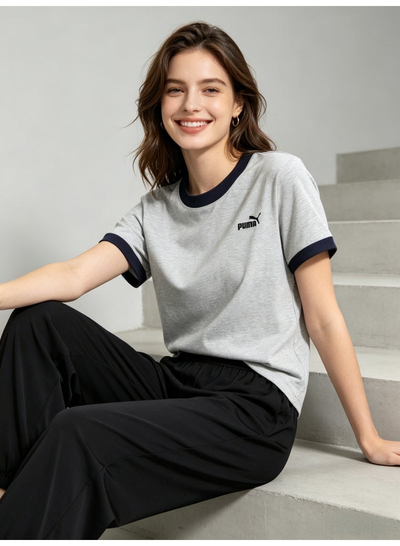 بوما PUMA Women’s Heather Grey Retro Ringer T-Shirt with Navy Trim - Image 3