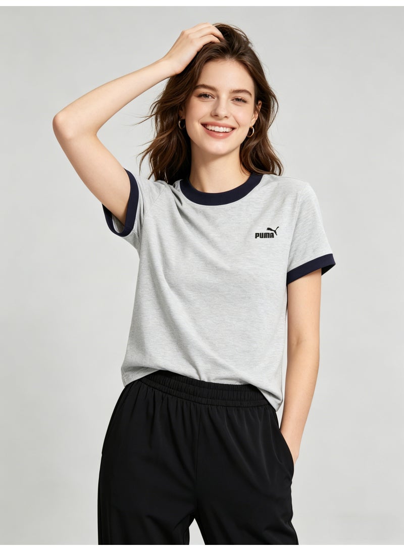 بوما PUMA Women’s Heather Grey Retro Ringer T-Shirt with Navy Trim - Image 5
