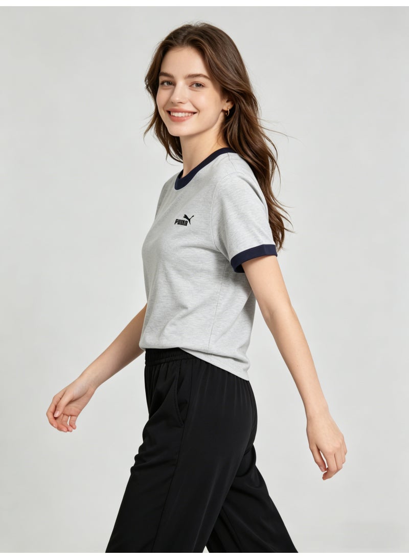 بوما PUMA Women’s Heather Grey Retro Ringer T-Shirt with Navy Trim - Image 2