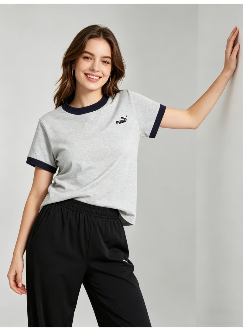 بوما PUMA Women’s Heather Grey Retro Ringer T-Shirt with Navy Trim - Image 4
