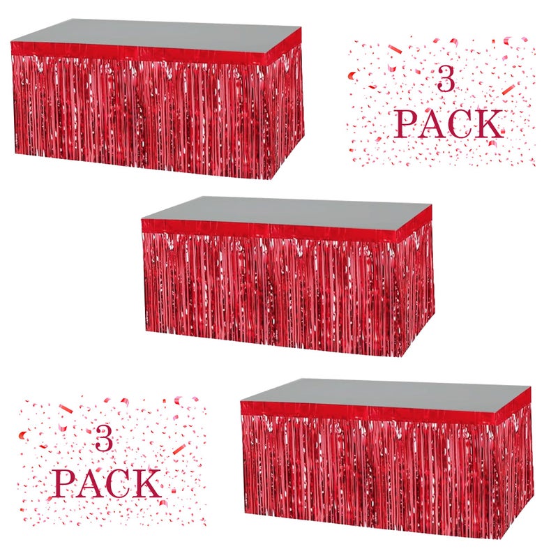 Christmas Red Table Skirt Metallic Holiday Decorations XMAS Red Party Tinsel Fringe Skirt Tall Plastic Winter Table Cover Skirt 295x105  By BASHOUT Red