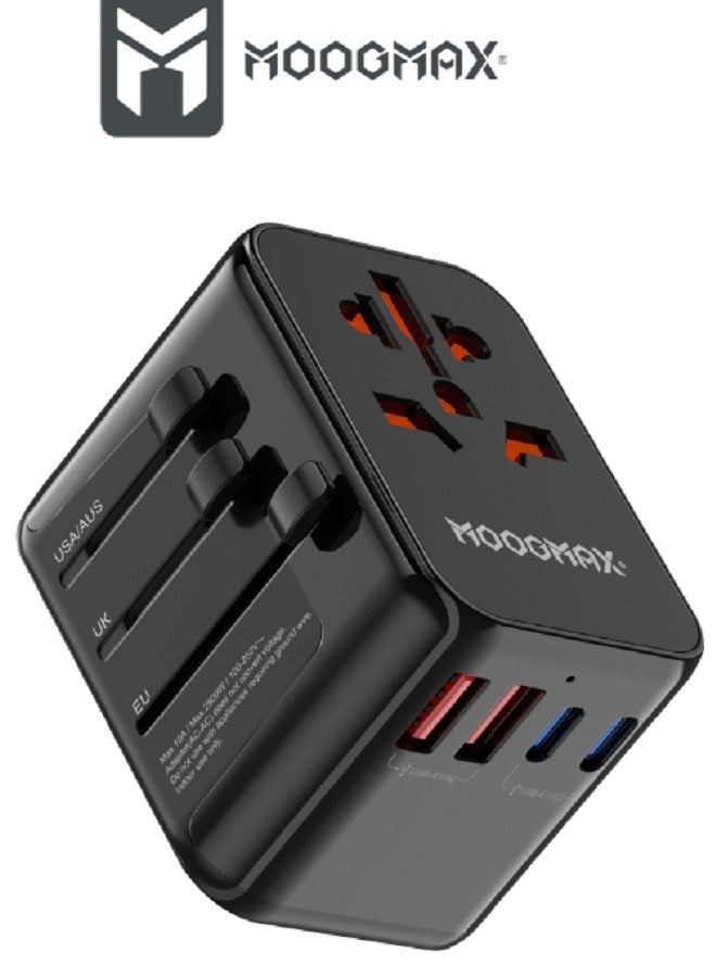 MOOGMAX Universal multi-port charger suitable for (US, UK,ER,AUS), equipped with five charging ports, two (USB-A) ports and three (Type-C) ports, and with power Up to 100 watts. In black - Image 4