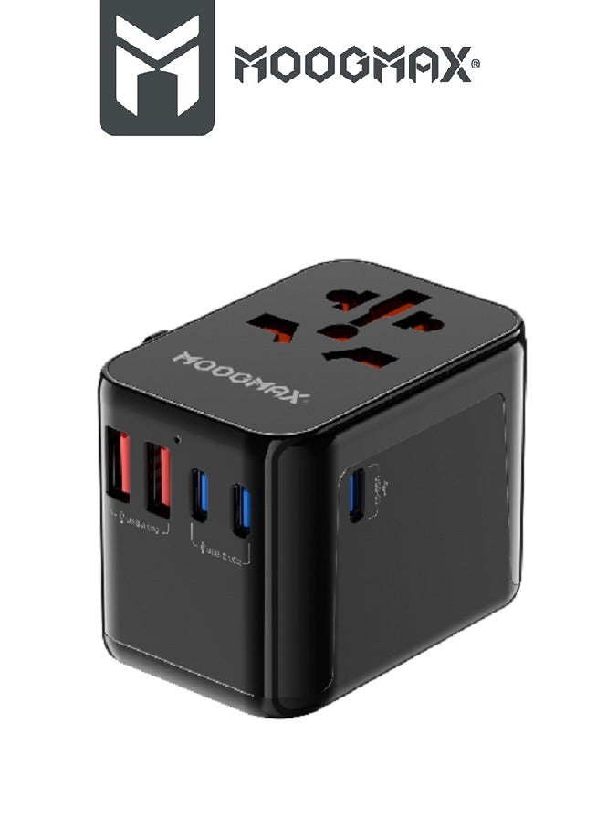 MOOGMAX Universal multi-port charger suitable for (US, UK,ER,AUS), equipped with five charging ports, two (USB-A) ports and three (Type-C) ports, and with power Up to 100 watts. In black - Image 2