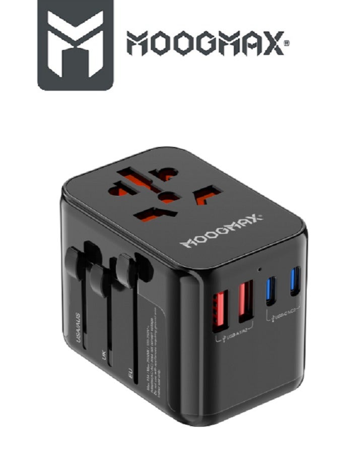 MOOGMAX Universal multi-port charger suitable for (US, UK,ER,AUS), equipped with five charging ports, two (USB-A) ports and three (Type-C) ports, and with power Up to 100 watts. In black - Image 3