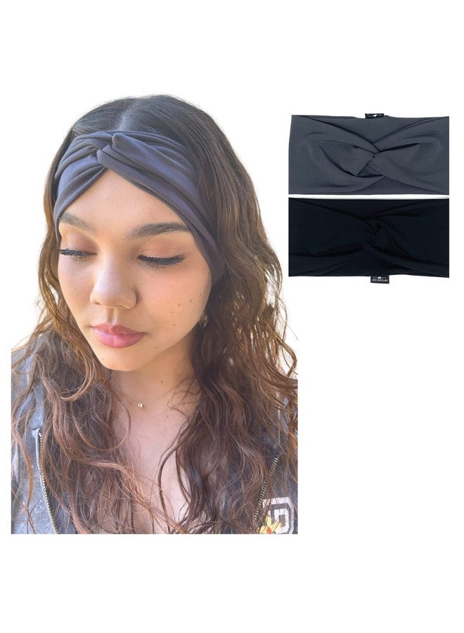 IUPTOWN CHIC Twisted Headband For Girls Women Chic Stylish Stretchy Soft Breathable Wrinkle Resistant Top Knot Wide Headwear For Sports Workouts Yoga Running Nurse Pack Of 2 (Grey Black) - Image 1
