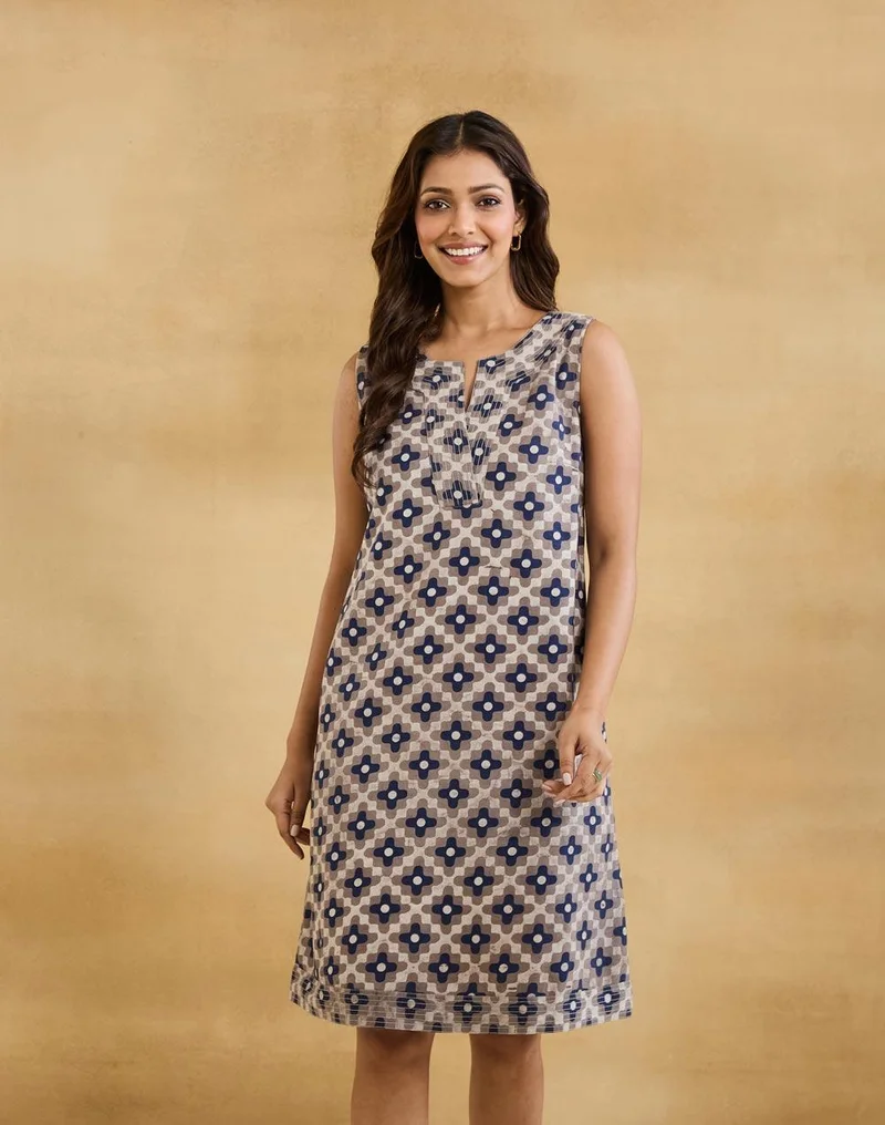 Fabindia Beige Cotton Linen Short Dress