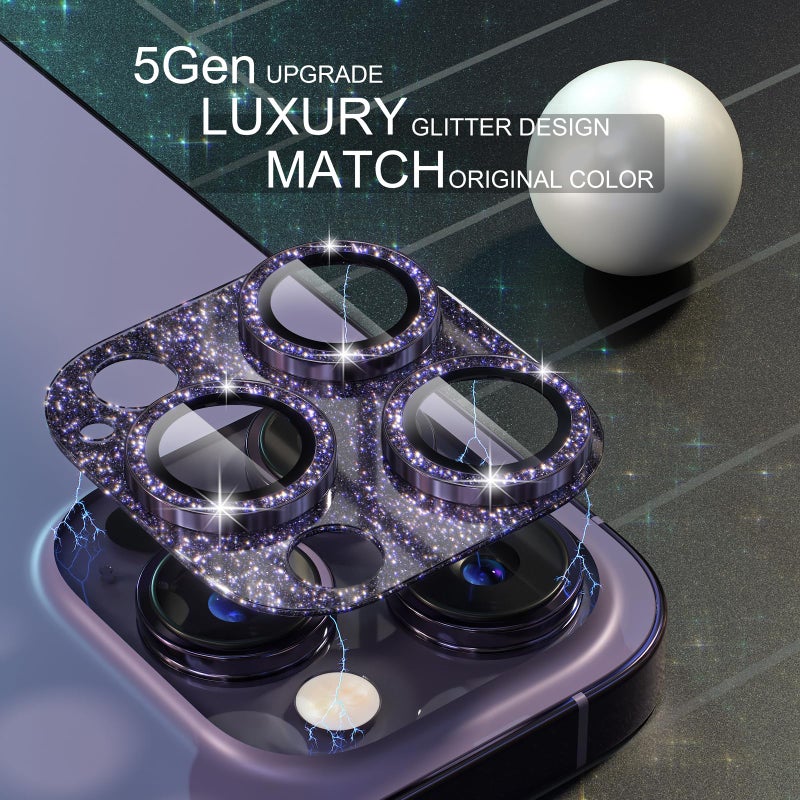 Choiche for iPhone 14 Pro/iPhone 14 Pro Max Camera Lens Protector, Bling Camera Cover with 9H Tempered Glass Lens Screen Protector Metal Ring Decoration Accessories (Glitter-Purple) - Image 3