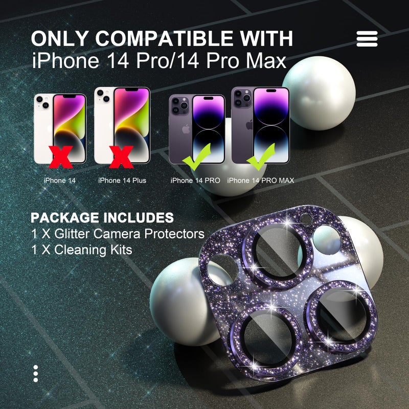 Choiche for iPhone 14 Pro/iPhone 14 Pro Max Camera Lens Protector, Bling Camera Cover with 9H Tempered Glass Lens Screen Protector Metal Ring Decoration Accessories (Glitter-Purple) - Image 2