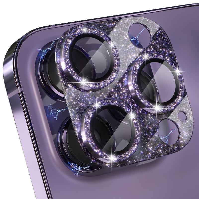 Choiche for iPhone 14 Pro/iPhone 14 Pro Max Camera Lens Protector, Bling Camera Cover with 9H Tempered Glass Lens Screen Protector Metal Ring Decoration Accessories (Glitter-Purple) - Image 1