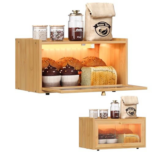 Trironsun Bamboo Bread Box with Led Light for Kitchen Counter Large Capacity Bread Storage Container Kitchen Countertop Organizer with Window Bread Holder (Natural Bamboo) - Image 1