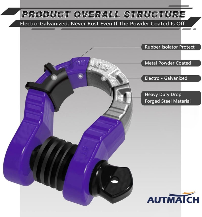 AUTMATCH خطاطيف د حلقة 3/4" ميغا (عبوة 2) قوة كسر 68,000 رطل - خطاطيف ثقيلة مع دبوس لولبي 7/8" وغسالة عازلة لاستعادة المركبات على الطرق الوعرة، بنفسجي - Image 4