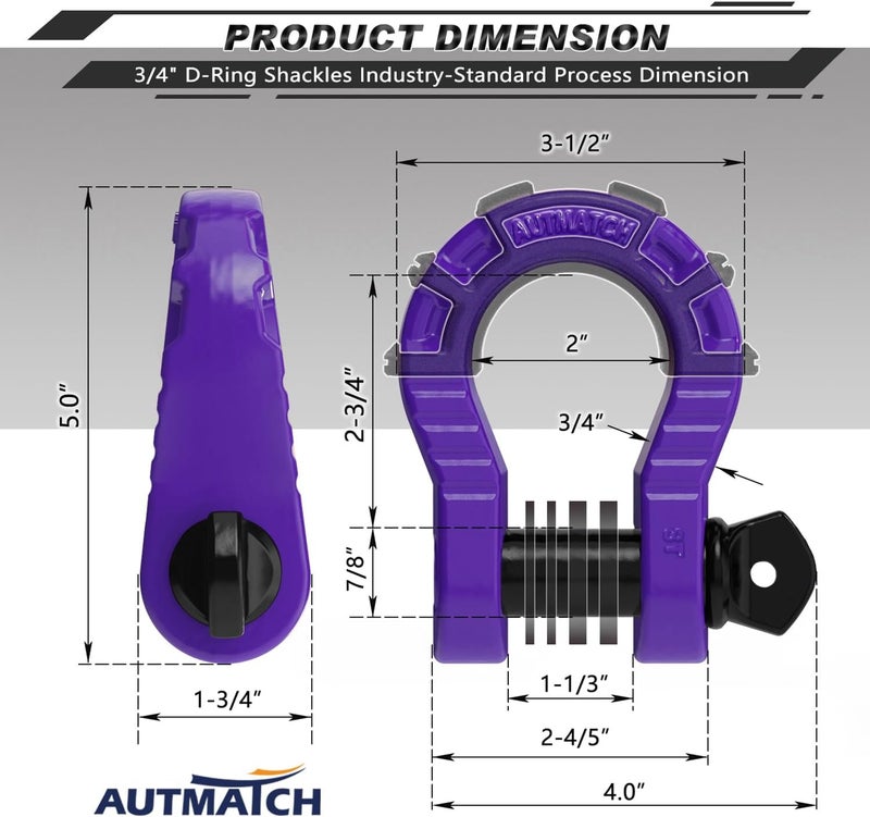 AUTMATCH خطاطيف د حلقة 3/4" ميغا (عبوة 2) قوة كسر 68,000 رطل - خطاطيف ثقيلة مع دبوس لولبي 7/8" وغسالة عازلة لاستعادة المركبات على الطرق الوعرة، بنفسجي - Image 3