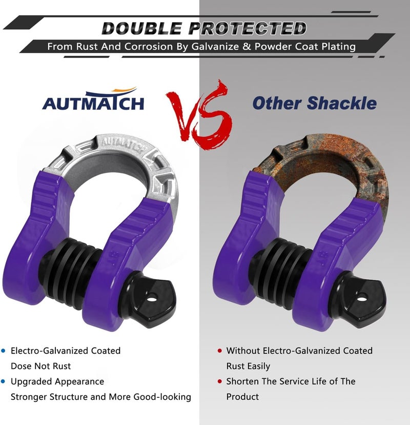 AUTMATCH خطاطيف د حلقة 3/4" ميغا (عبوة 2) قوة كسر 68,000 رطل - خطاطيف ثقيلة مع دبوس لولبي 7/8" وغسالة عازلة لاستعادة المركبات على الطرق الوعرة، بنفسجي - Image 5