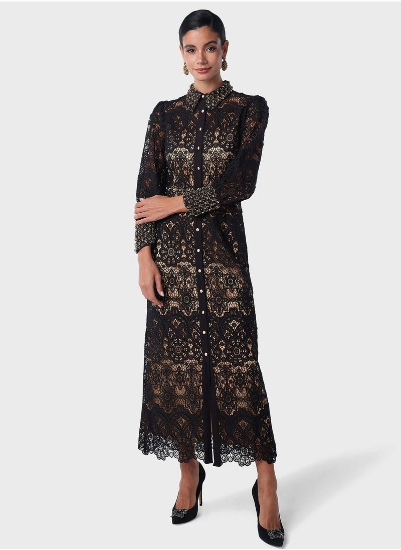 Threadz by Ajooni - Embellished Lace Shirt Dress - Image 1