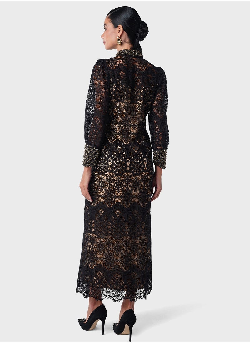 Threadz by Ajooni - Embellished Lace Shirt Dress - Image 1