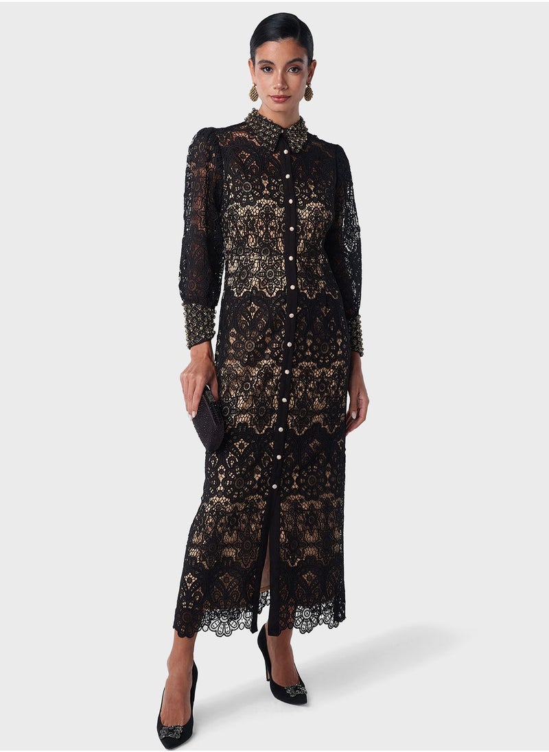 Threadz by Ajooni - Embellished Lace Shirt Dress - Image 1