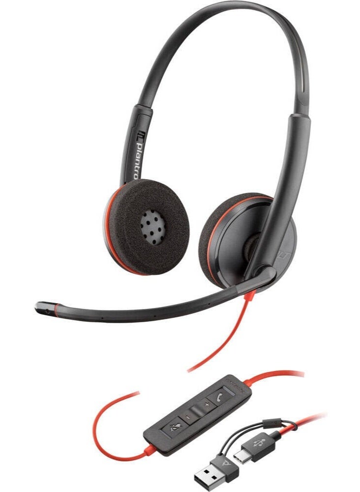 Poly Blackwire 3220 Stereo USB-C Headset, Noise-Canceling Mic, USB-C & USB-A Adapter, PC & Mobile Compatible, Wideband Audio, Inline Controls, Lightweight Metal Headband, Leatherette Ear Cushions, Foldable, 119g, Black | 8X228AA - Image 1