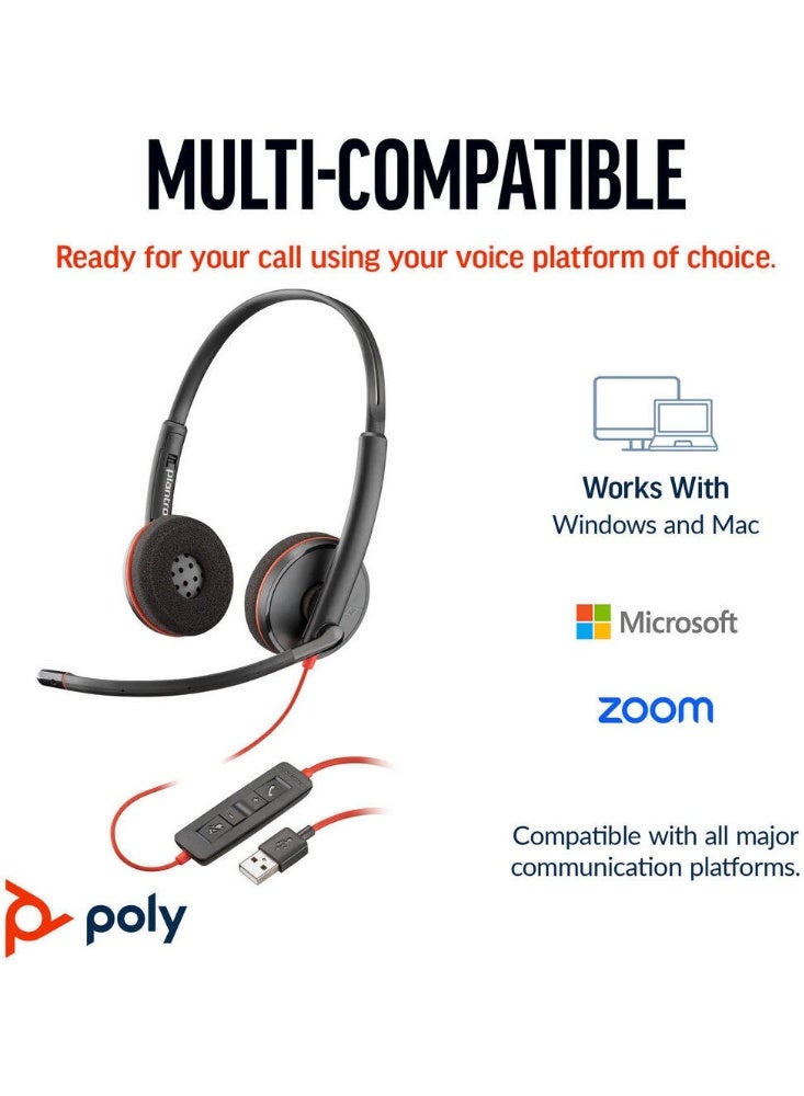 Poly Blackwire 3220 Stereo USB-C Headset, Noise-Canceling Mic, USB-C & USB-A Adapter, PC & Mobile Compatible, Wideband Audio, Inline Controls, Lightweight Metal Headband, Leatherette Ear Cushions, Foldable, 119g, Black | 8X228AA - Image 2