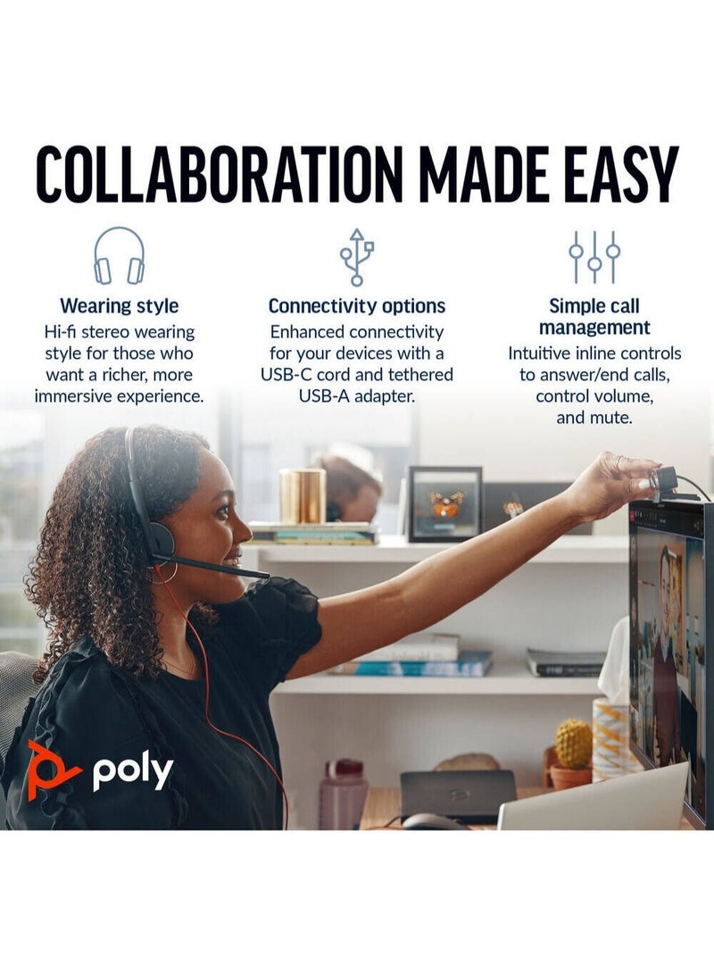 Poly Blackwire 3220 Stereo USB-C Headset, Noise-Canceling Mic, USB-C & USB-A Adapter, PC & Mobile Compatible, Wideband Audio, Inline Controls, Lightweight Metal Headband, Leatherette Ear Cushions, Foldable, 119g, Black | 8X228AA - Image 5