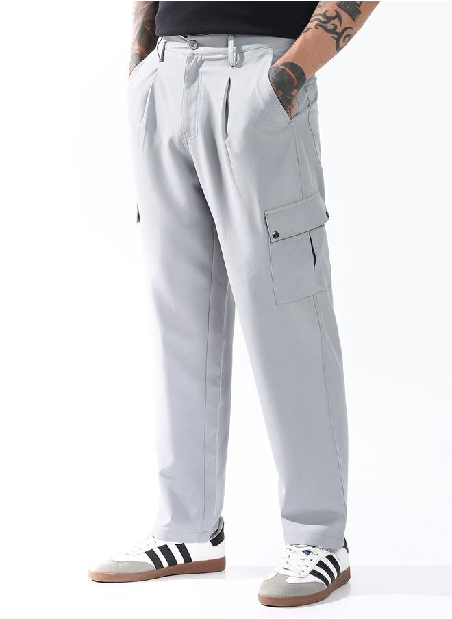 HIGH STAR - Relaxed Fit Light Grey 95% polyester 5% spandex Solid Woven Cargo with Button Closure Full Length - Ideal for Casual - A Must-Have for Your Wardrobe! - Image 1