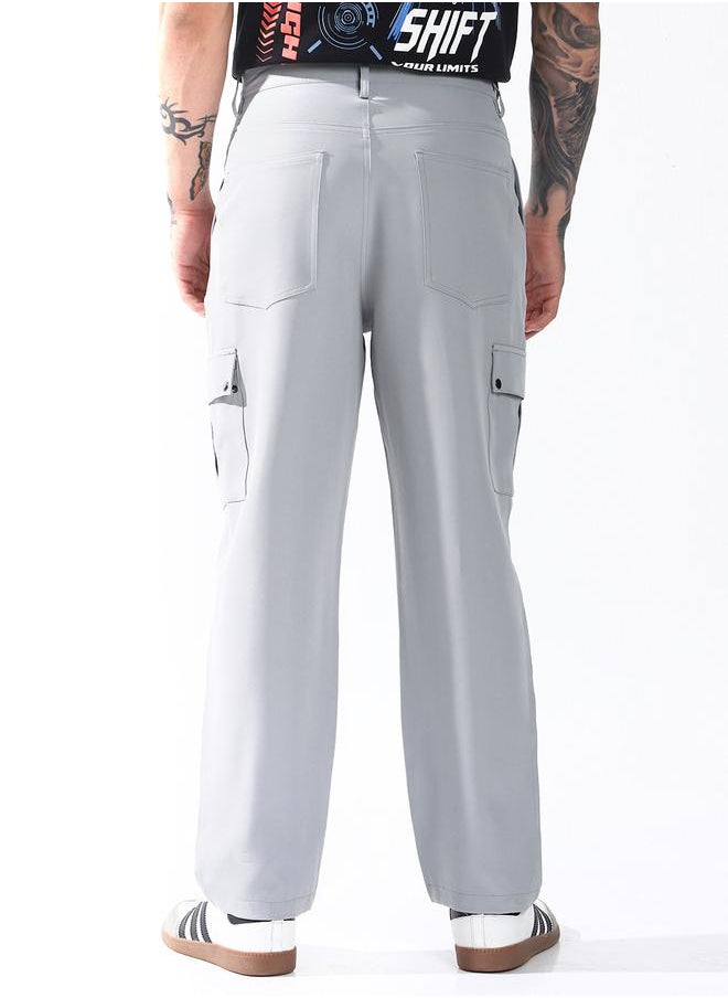 HIGH STAR - Relaxed Fit Light Grey 95% polyester 5% spandex Solid Woven Cargo with Button Closure Full Length - Ideal for Casual - A Must-Have for Your Wardrobe! - Image 1