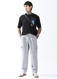 HIGH STAR Relaxed Fit Light Grey 95% polyester 5% spandex Solid Woven Cargo with Button Closure Full Length - Ideal for Casual - A Must-Have for Your Wardrobe!  - Image 1