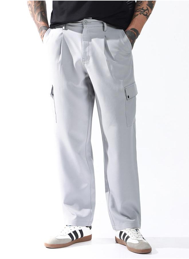 HIGH STAR - Relaxed Fit Light Grey 95% polyester 5% spandex Solid Woven Cargo with Button Closure Full Length - Ideal for Casual - A Must-Have for Your Wardrobe! - Image 1