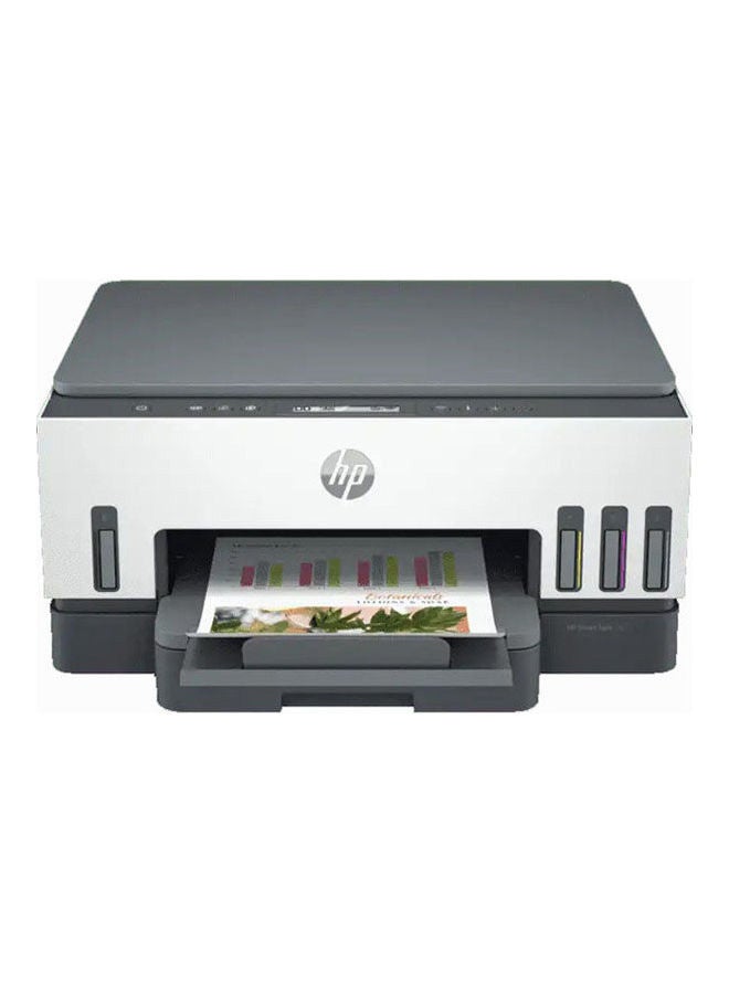 HP طابعة سمارت تانك 720 الكل في واحد لاسلكية للطباعة والمسح الضوئي والنسخ والطباعة التلقائية على الوجهين تطبع ما يصل إلى 18000 صفحة بالحبر الأسود و8000 صفحة بالألوان، بلون أبيض/رمادي طراز [6UU46A] أبيض - رمادي - Image 1
