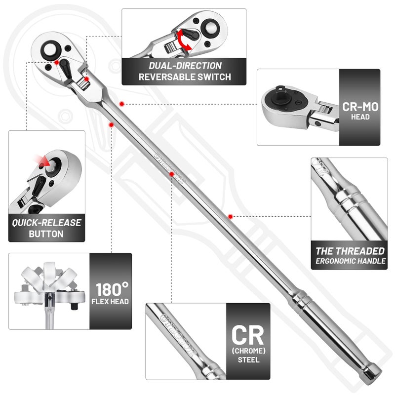 UYECOVE 1/4-Inch Drive Flex Head Ratchet, 72 Tooth Quick Release Swivel Head Ratchet - 12" (305mm) Long Handle - Image 2