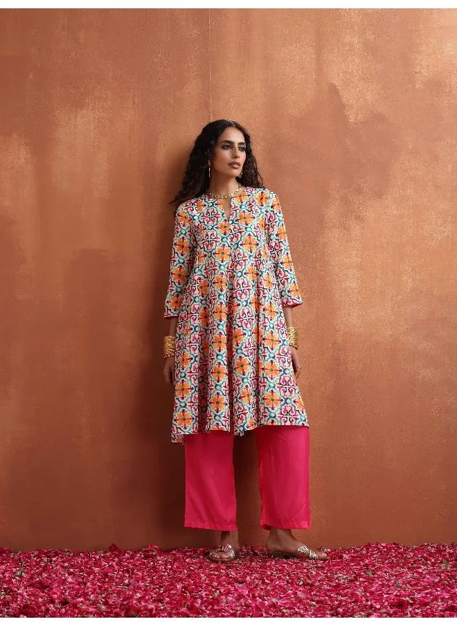 ترو برونز trueBrowns Off White Print Flared Anarkali Kurta Co-ord Set