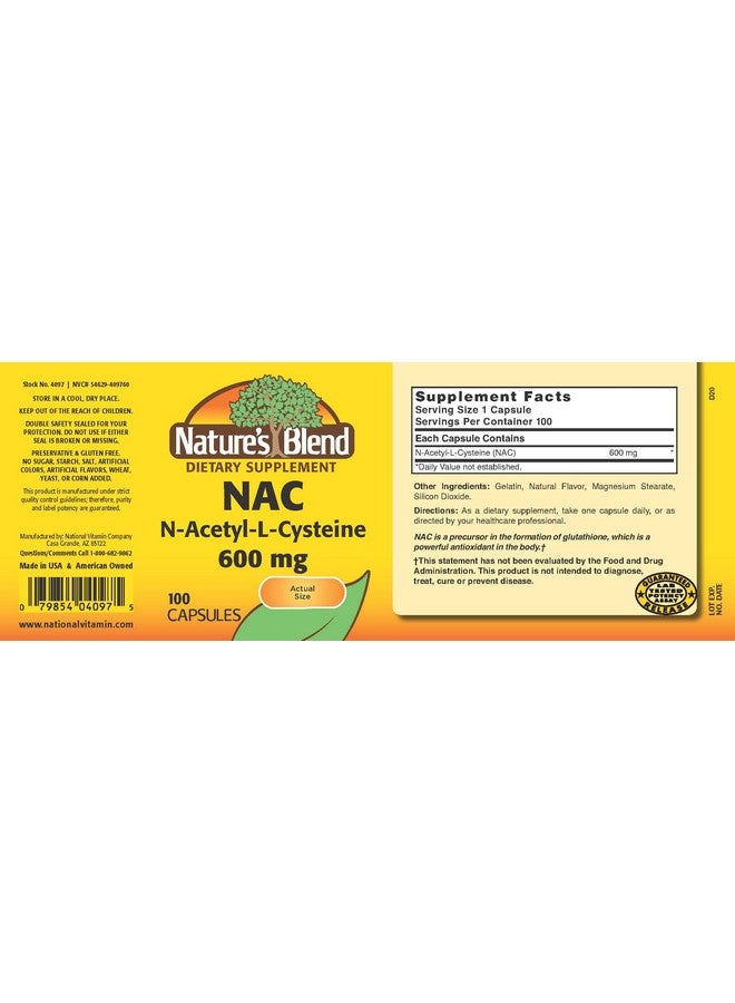 نايتشرز بليند مكمل Nature's Blend NAC بتركيز 600 مجم من N-Acetyl-L-Cysteine - 100 كبسولة - دعم المناعة ومضاد للأكسدة لصحة الخلايا - Image 2