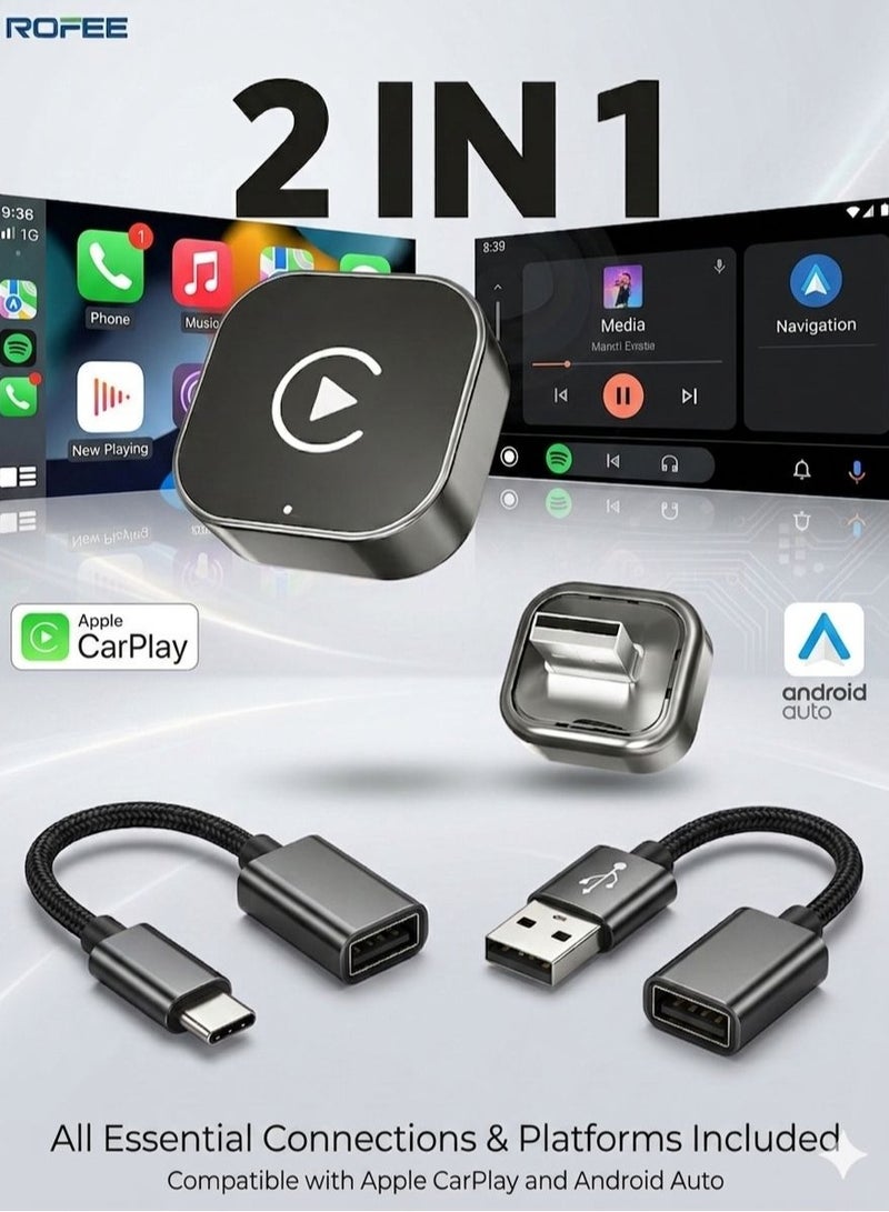 Rofee 2026 Upgrade , Mini Wireless CarPlay Adapter , Convert Wired to Wireless Car play & Android Auto 2--in--1 Adapter For iphone & Android Phone , Plug & Play , Auto Connect , No Delay ,Support Wi-fi 6 & Bluetooth 5.4 ,With USB C For iOS 10+ Android 11+ (Black) - Image 1