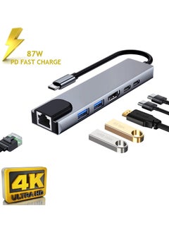 6in1 Hub Macbook Compatible Type-C™ To 4K HDMI TV Projection Ultra HD 1080P 2* Type-C 2* USB 3.0 Ethernet Lan 6in1 Converter Hub Adapter