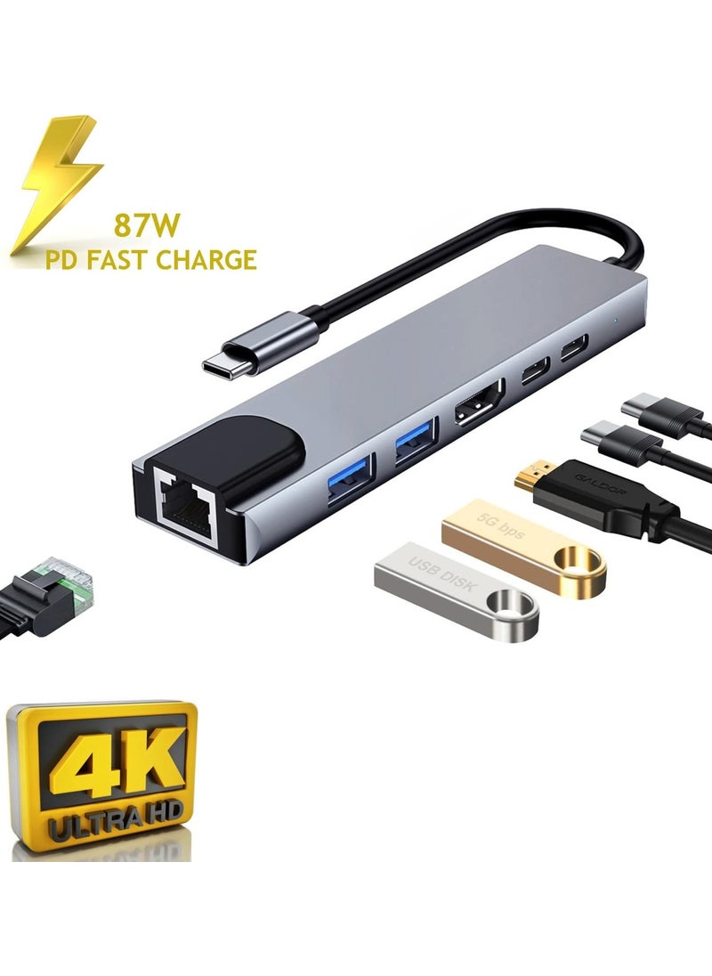 UltraTekno - 6in1 Hub Macbook Compatible Type-C™ To 4K HDMI TV Projection Ultra HD 1080P 2* Type-C 2* USB 3.0 Ethernet Lan 6in1 Converter Hub Adapter - Image 1