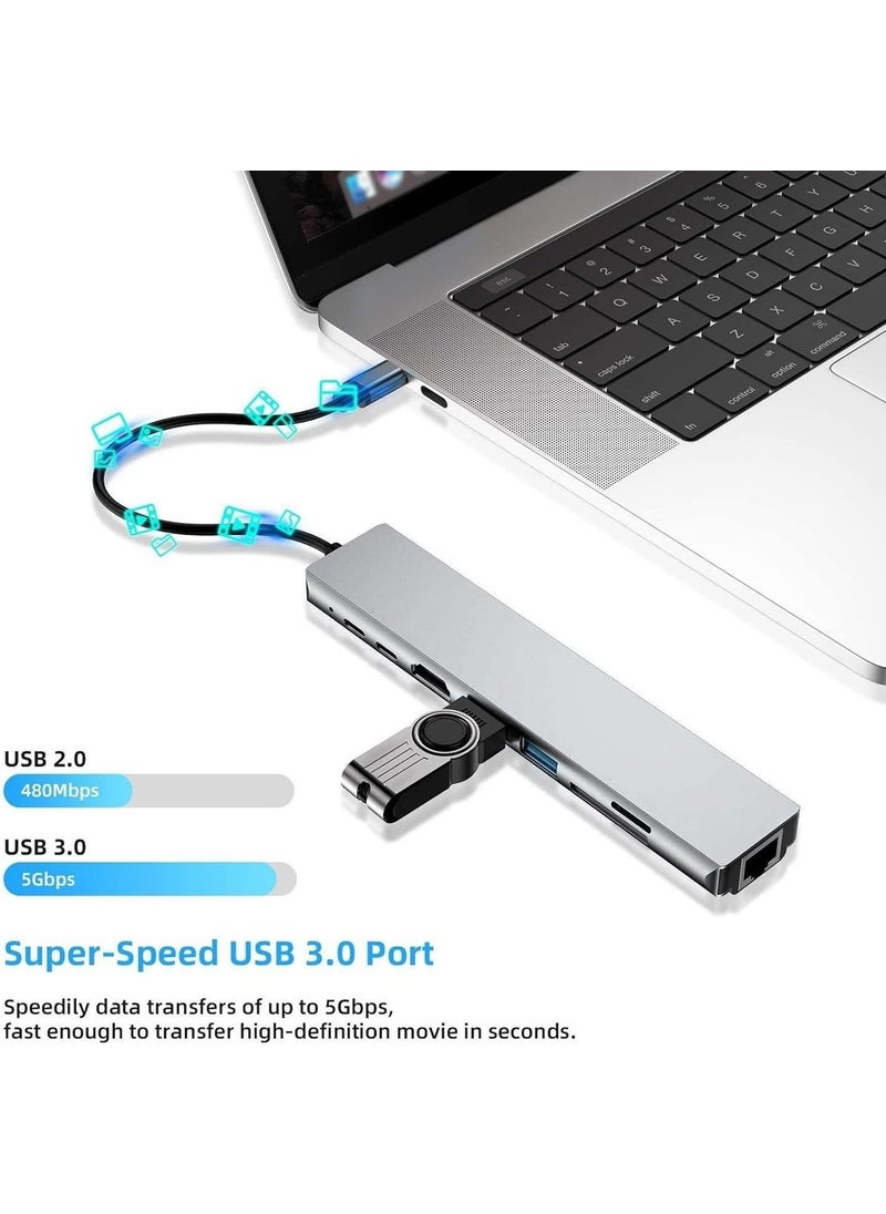 UltraTekno - 6in1 Hub Macbook Compatible Type-C™ To 4K HDMI TV Projection Ultra HD 1080P 2* Type-C 2* USB 3.0 Ethernet Lan 6in1 Converter Hub Adapter - Image 1