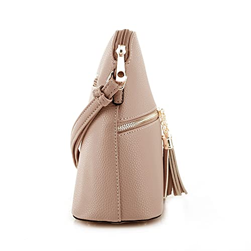 SG SUGU Lunar Lightweight Medium Dome Crossbody Bag Shoulder Bag with Double Tassels | Zipper Pocket | Adjustable Strap|Beige - Image 3