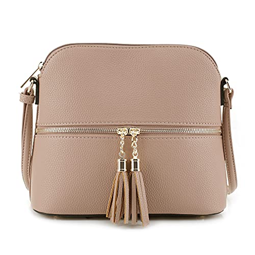 SG SUGU Lunar Lightweight Medium Dome Crossbody Bag Shoulder Bag with Double Tassels | Zipper Pocket | Adjustable Strap|Beige - Image 1