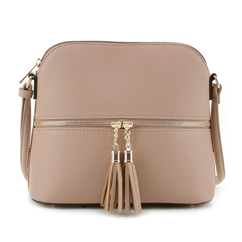 SG SUGU Lunar Lightweight Medium Dome Crossbody Bag Shoulder Bag with Double Tassels | Zipper Pocket | Adjustable Strap|Beige - Image 5