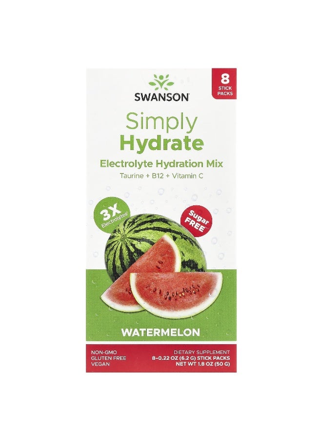 SWANSON سوانسون، ببساطة ترطيب، مزيج ترطيب الإلكتروليت، بطيخ، 8 عبوات عصا 0.22 أونصة (6.2 جرام) لكل منها - Image 1