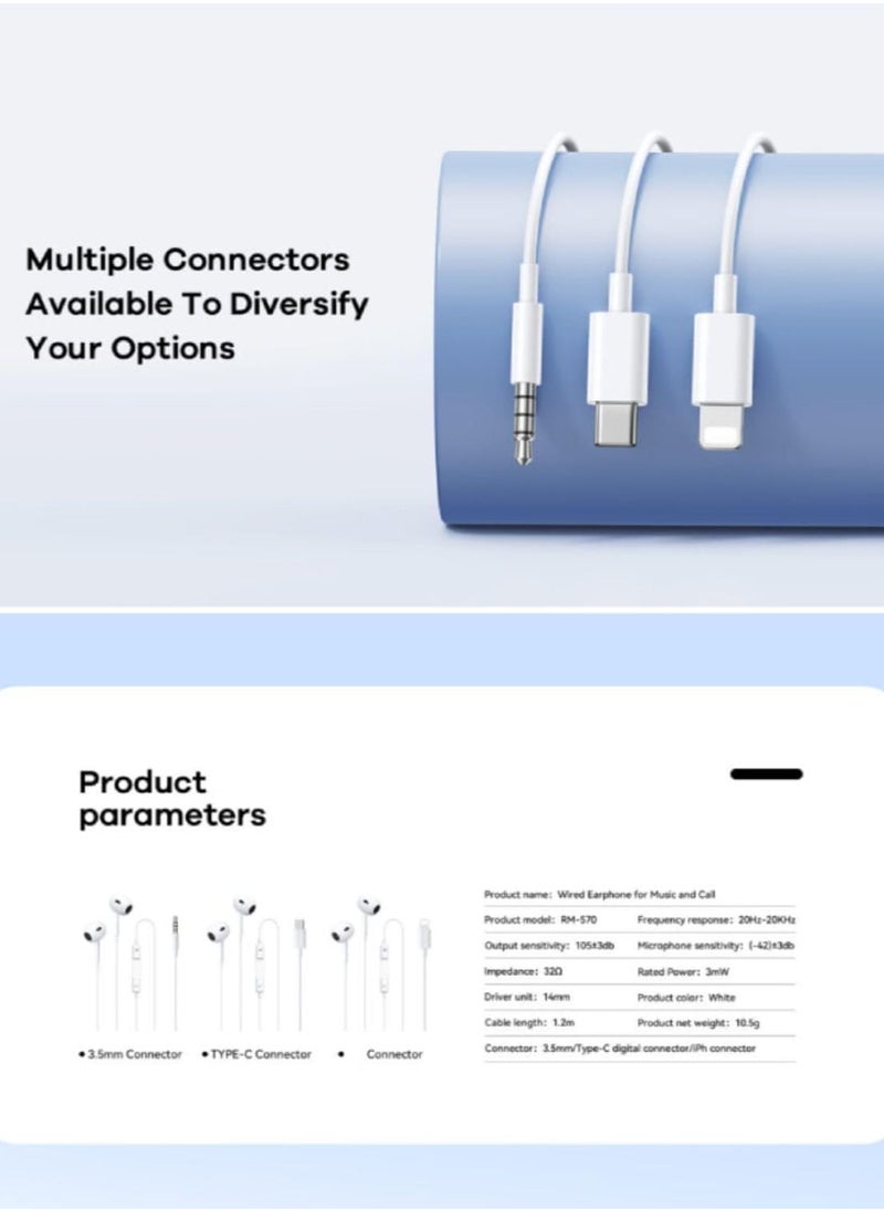 Remax Mena Remax Mena Wired Earbuds Earphones Type C Plug With Microphone, Built-in Volume Control for Music & Calls, High Bass Stereo Sound Earphones, Semi-in-ear Design, Perfect Fit for Secure Wear, White  - Image 2